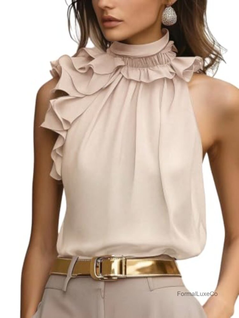 Women's Ruffle Mock Neck Sleeveless Asymmetrical Halter Top Blouse